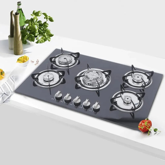 Plaque de Cuisson à Gaz 5 Feux en Verre Trempé pour Gaz Naturel et Propane avec Grilles en Fonte
